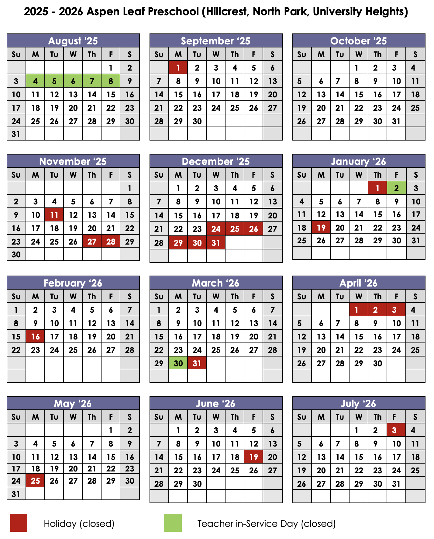 Aspen Leaf 2025-2026 academic calendar